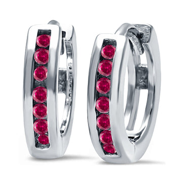 Half Eternity Hoop Earrings Round Simulated Ruby CZ 925 Sterling Silver (11mm)